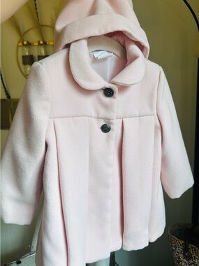 Girls' Hooded Pink Pea Coat with Pleat Front